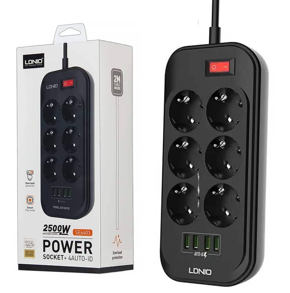 Сетевой фильтр LDNIO SE6403, 6 розетки + 4 USB 3.4A (черный)
