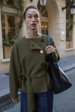 ZARA КОРОТКОЕ ТРИКОТАЖНОЕ ПАЛЬТО С ПОЯСОМ, ТЕМНО-ЗЕЛЕНЫЙ