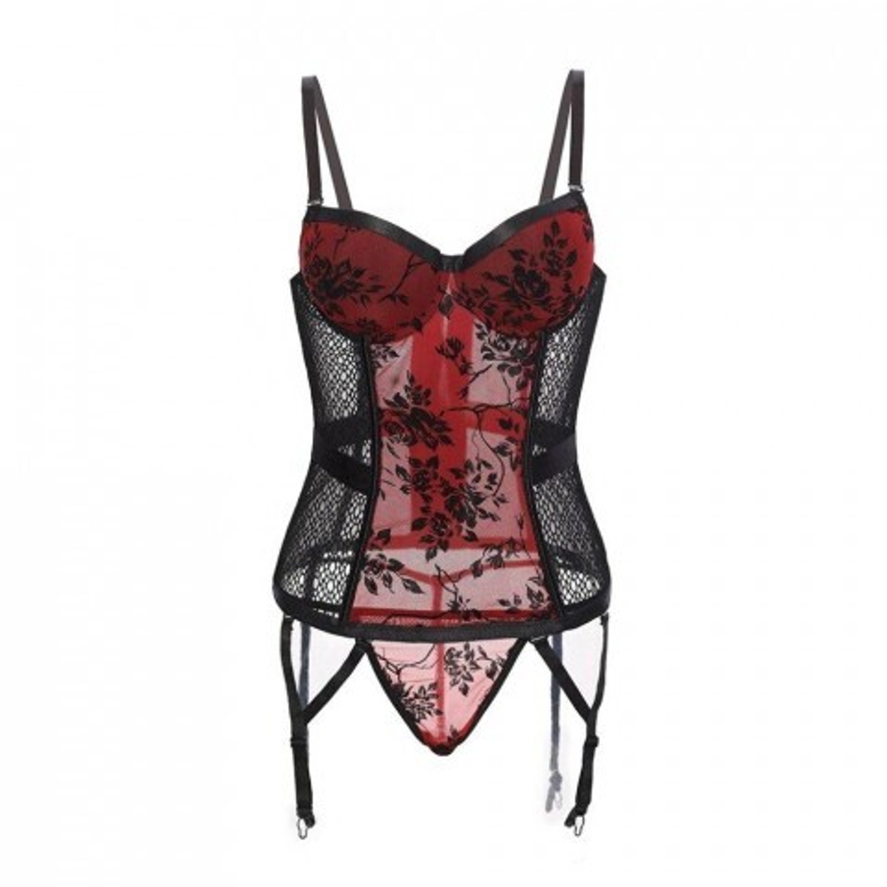 Комплект: корсет с трусиками красные с цветочным принтом