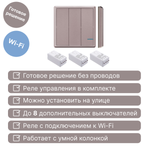 Умный беспроводной выключатель GRITT Practic 3кл. розовое золото комплект: 1 выкл. IP67, 3 реле 1000Вт 433 + WiFi с управлением со смартфона, A181303RGWF