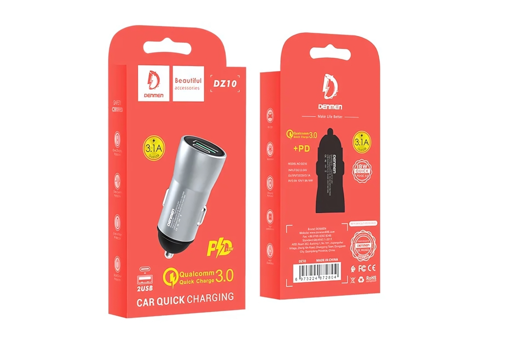 Автомобильное зарядное устройство DENMEN DZ10 PD18W+QC3.0 3.1A Type-C+USB Red