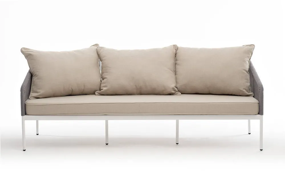 "Канны" диван 3-местный плетеный из роупа, каркас алюминий белый муар, роуп светло-серый круглый, ткань бежевая 15052