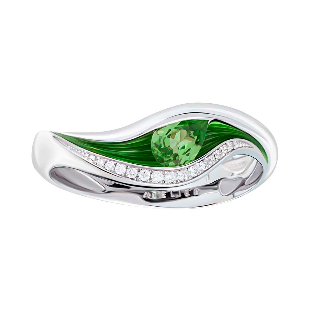 Кольцо с Цаворитом и Бриллиантами, Эмаль, R0123-7/6