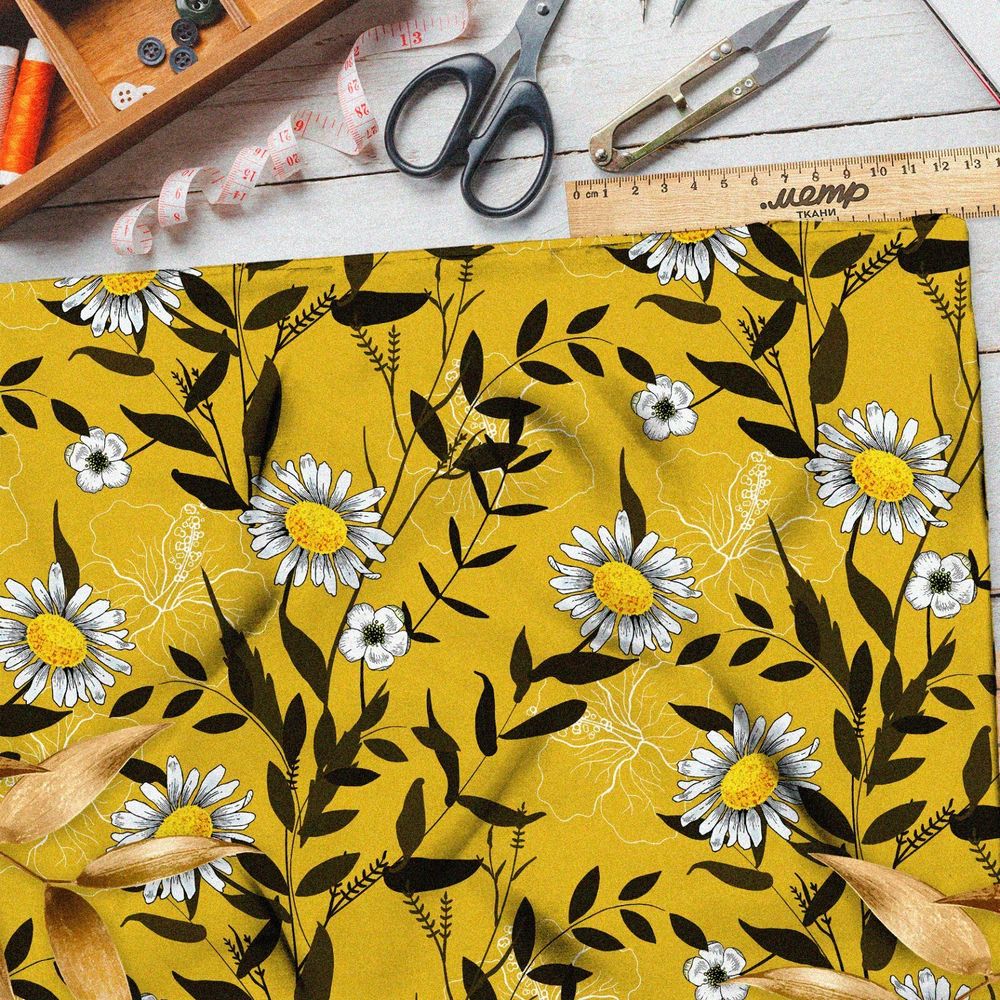 Ткань шифон ромашки с силуэтом листьев
