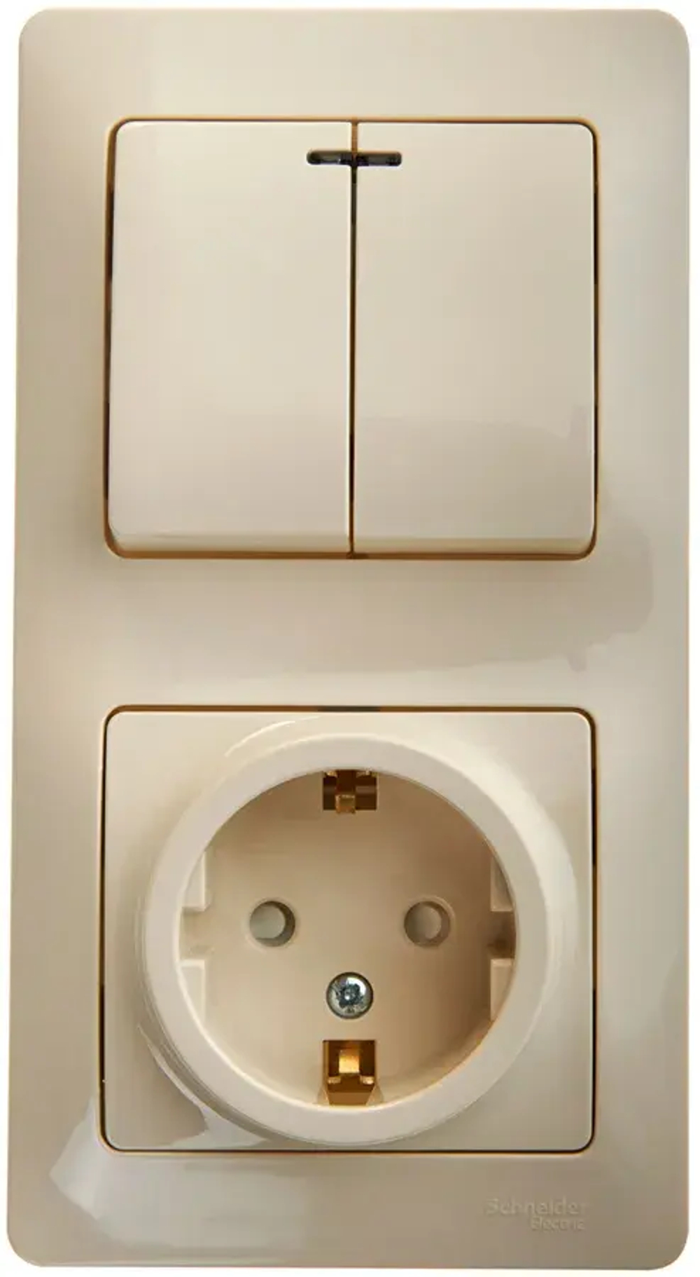 GLOSSA БЛОК: РОЗЕТКА с заземлением со шторками + 2-клавишный ВЫКЛЮЧАТЕЛЬ с подсветкой, БЕЖЕВЫЙ