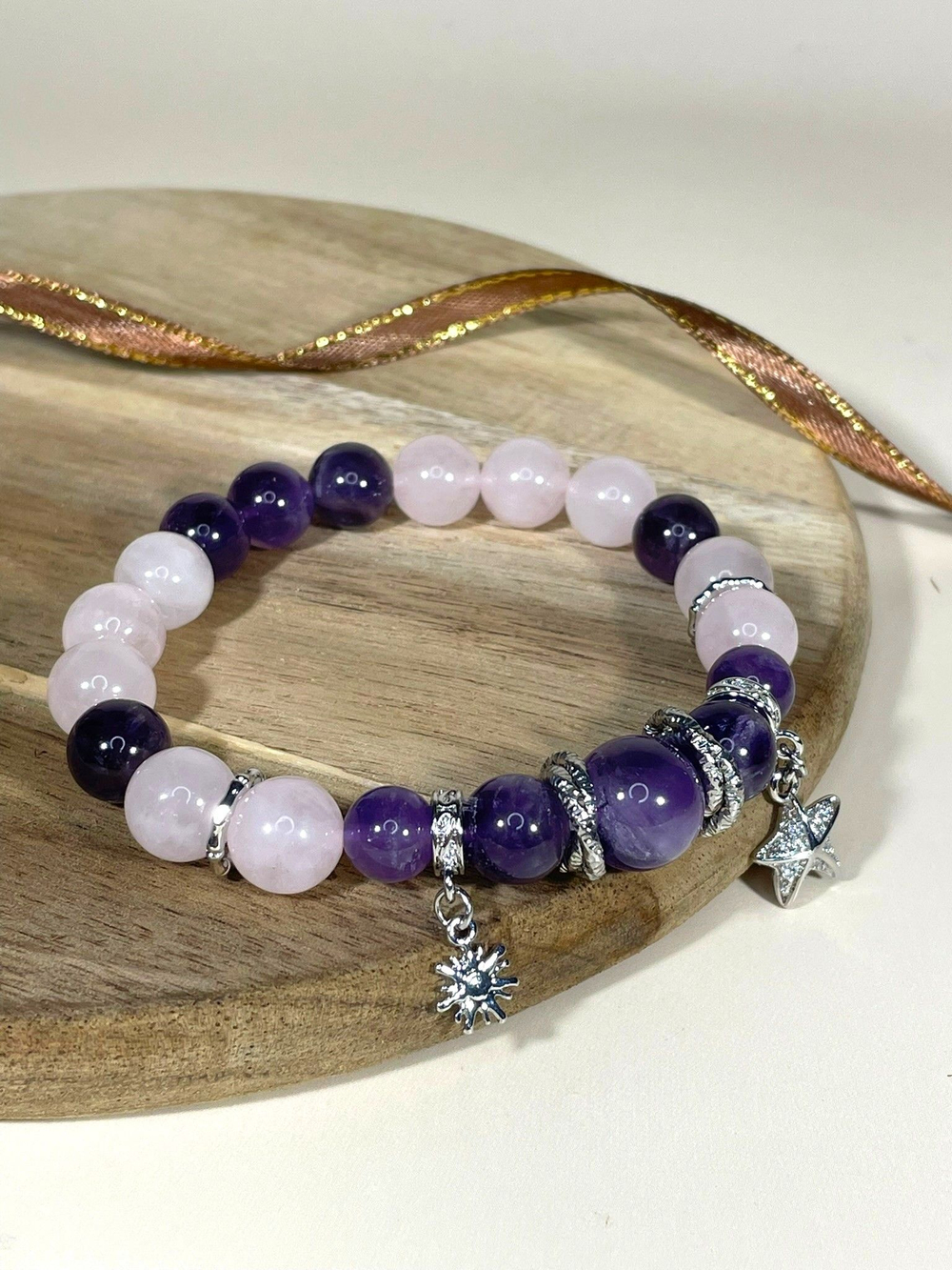 Браслет для Рыб, аметист и розовый кварц