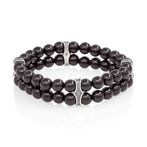 Двойной браслет из черного кварца 6 мм с шармами из мельхиора, фото 1