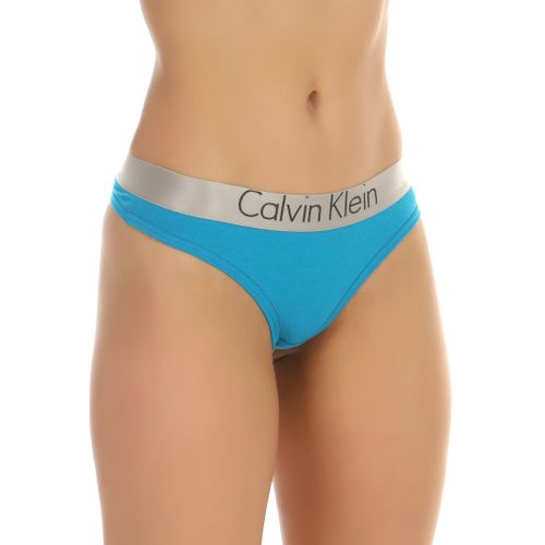 Женские трусы тонги голубые с черными буквами Calvin Klein Women Steel Blue