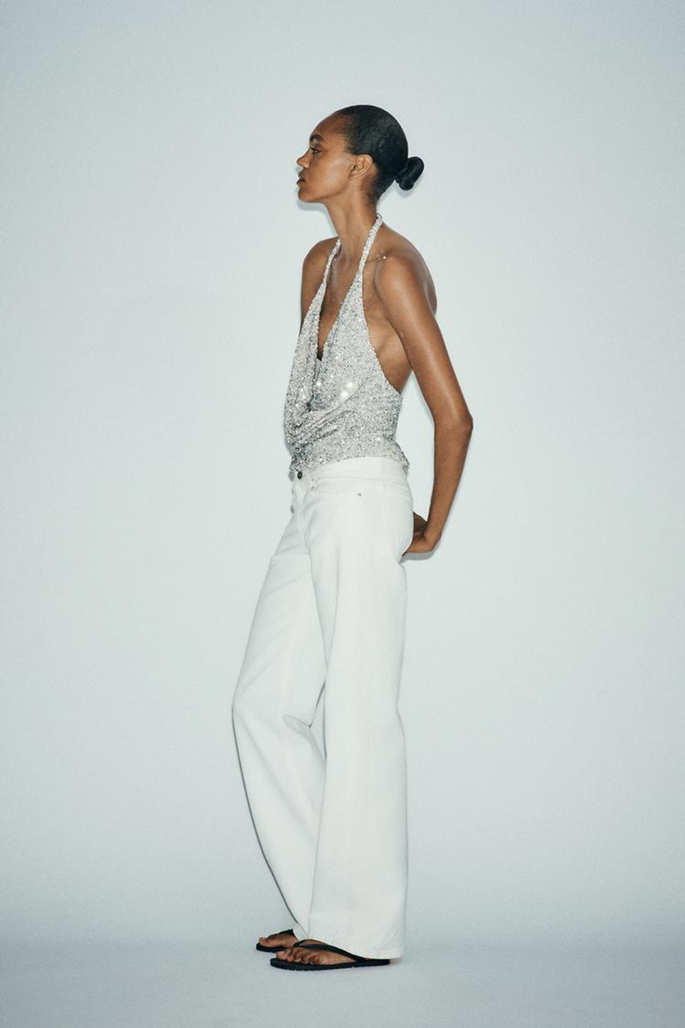 ZARA ТОП СО СБОРКАМИ И ПАЙЕТКАМИ, СЕРЕБРИСТЫЙ