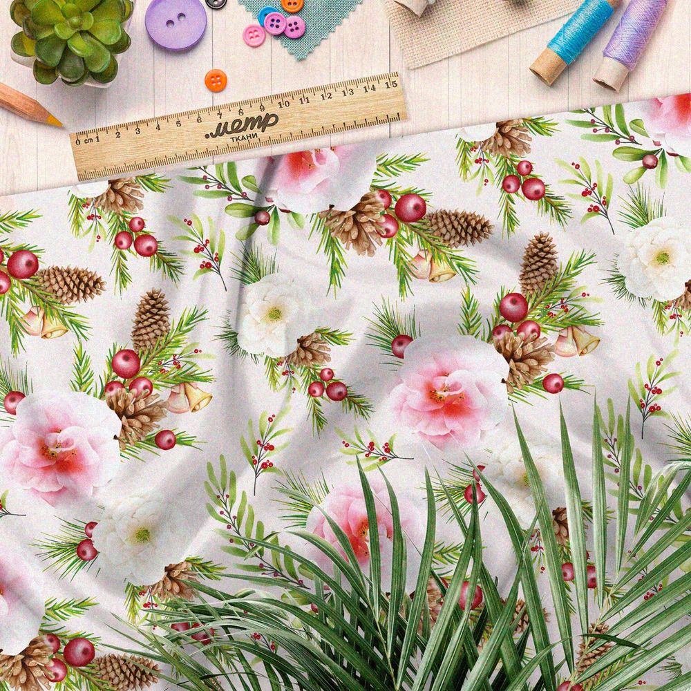 Ткань шелк Армани нежные розовые цветы, шишки и омела