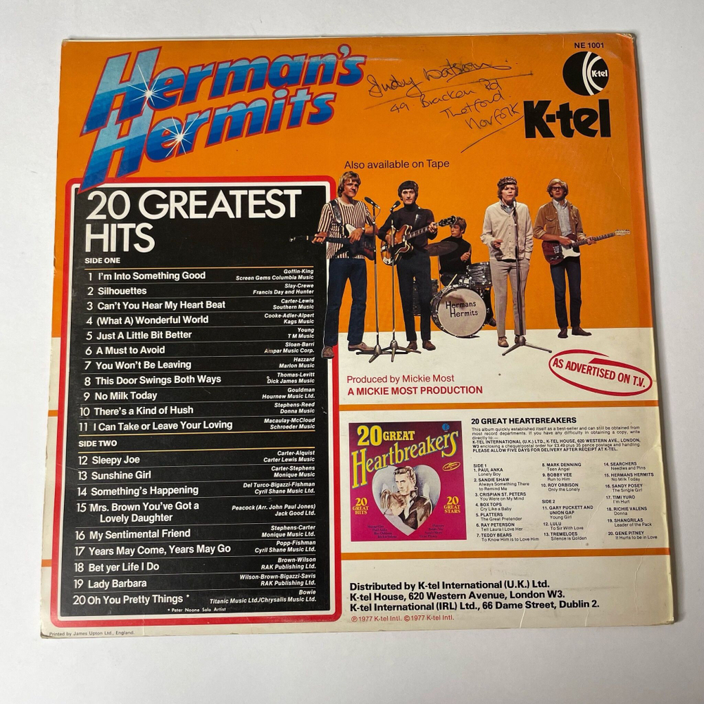 Винтажная виниловая пластинка LP Herman's Hermits 20 Greatest Hits (UK 1977)