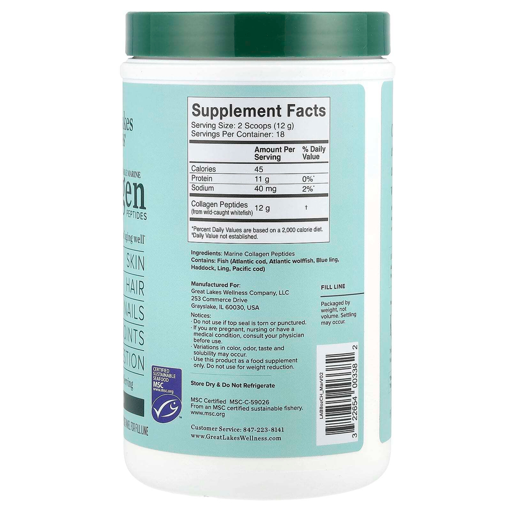 Great Lakes Wellness, Экологически чистые пептиды морского коллагена, без добавок, 227 г (8 унций)