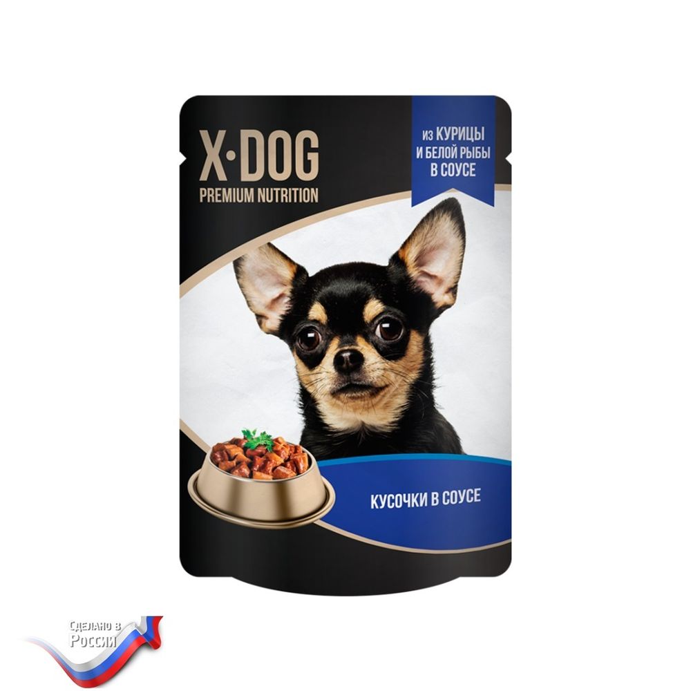 X-Dog из курицы и белой рыбы в соусе Корм консервированный полнорационный X-DOG для взрослых собак. Кусочки в соусе из курицы и белой рыбы. 24шт по 85г,
