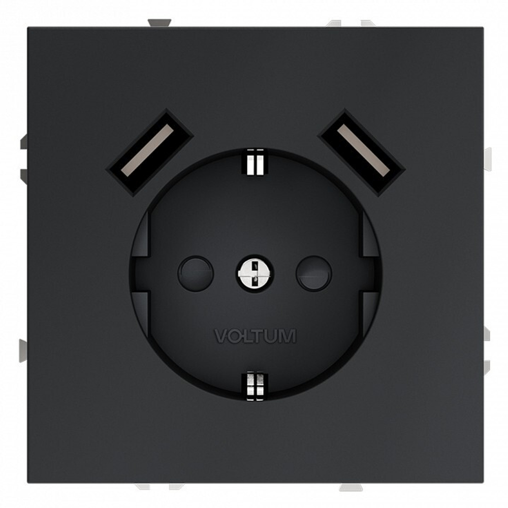 Розетка с заземлением и со шторкой и 2хUSB type A, без рамки Voltum S70 VLS040407