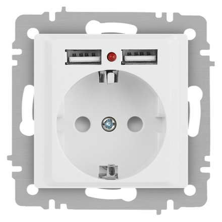 Розетка Intro Accent 6-410-01М , P+E Schuko со шторками, 16А-250В + 2хUSB, IP20, СУ, белый матовый