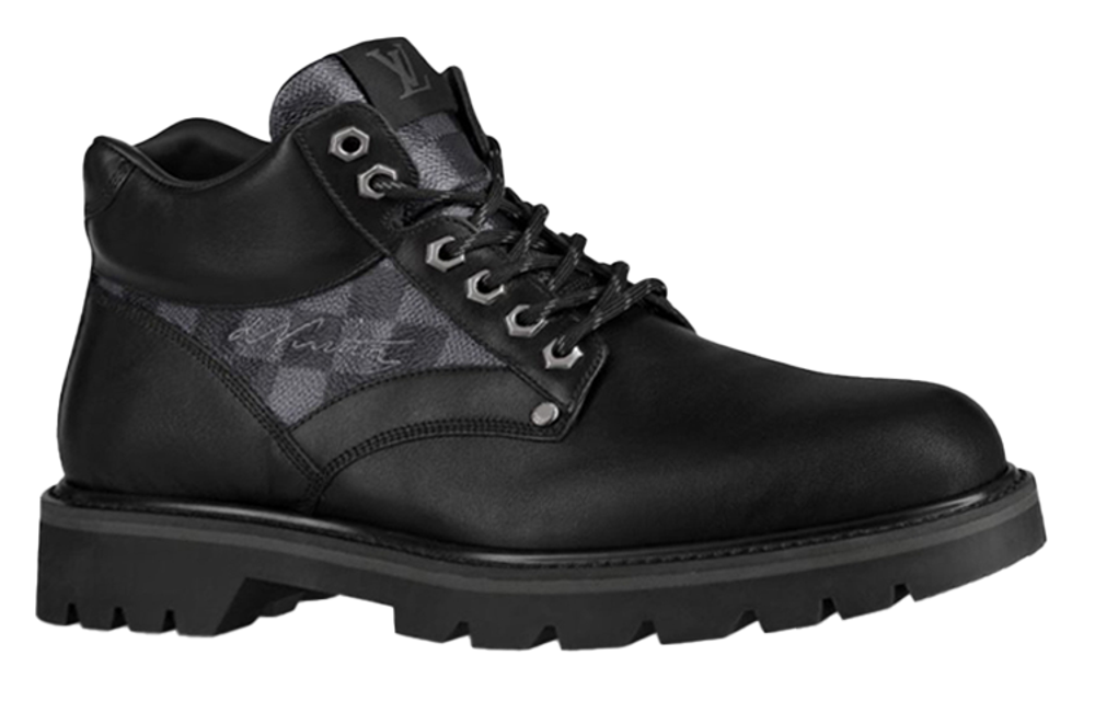 LOUIS VUITTON Oberkampf Damier Graphite Top Grain Cow Leather Short Combat Boots Men"s Black