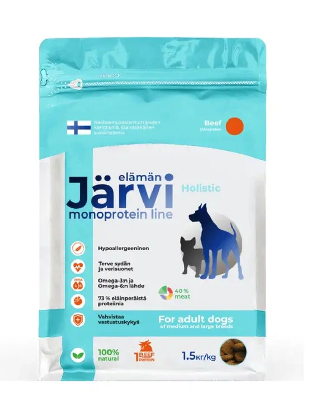 Jarvi сухой монопротеиновый полнорационный корм для взрослых собак средних и крупных пород,говядина, 1,5кг.