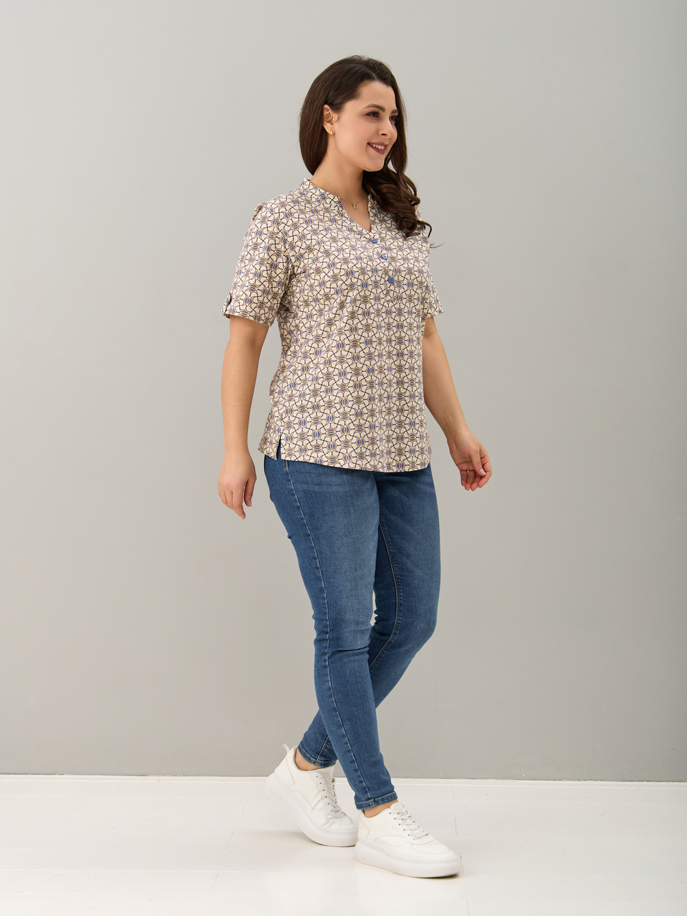 Блузка БЛ-122/экрю-орнаментголубой