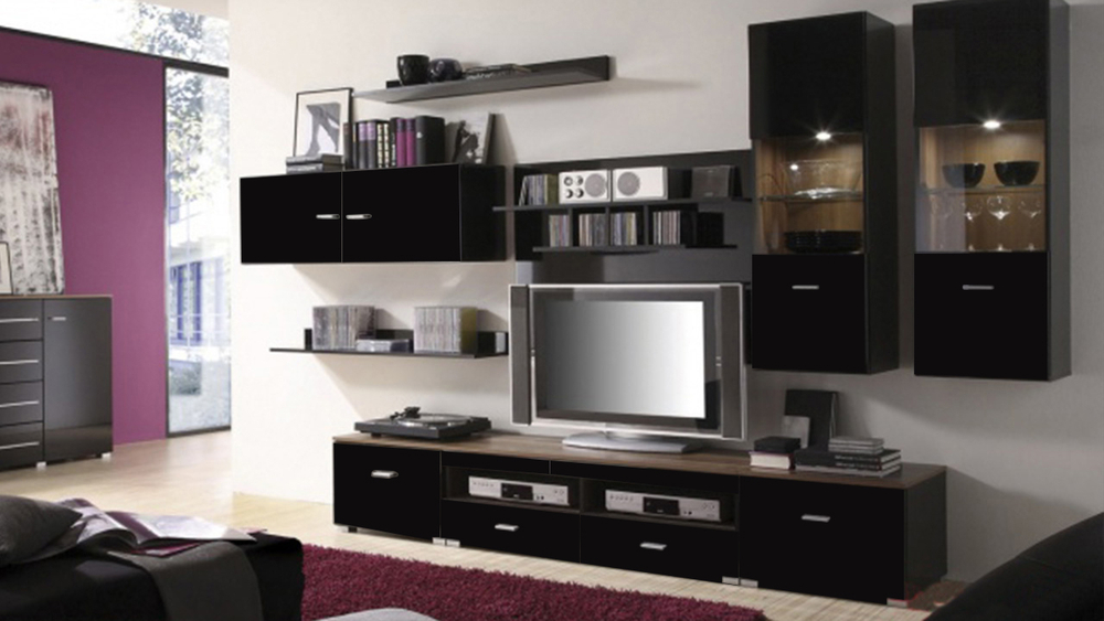 Гостиная Джанг Черный 0190 / Дуб Экспресив Бронзовый K090 310*48*200 см, Черный, Дуб Экспресив Бронзовый   Фиеста