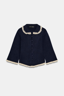 ZARA КАРДИГАН С КРУГЛЫМ ВОРОТНИКОМ И КРУЖЕВОМ, МОРСКОЙ СИНИЙ