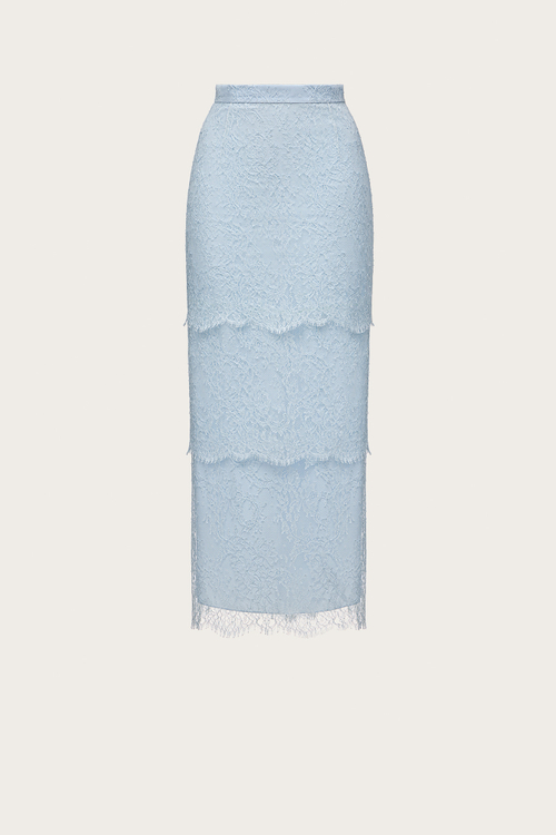 ЮБКА-МИДИ ИЗ ГОЛУБОГО ШЕЛКОВОГО КРУЖЕВА