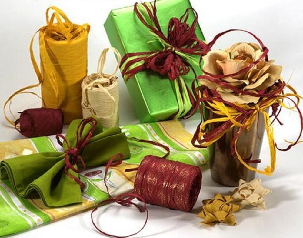 Лента (0,5 см*10 м) Рафия, Зеленый микс, 3 шт.