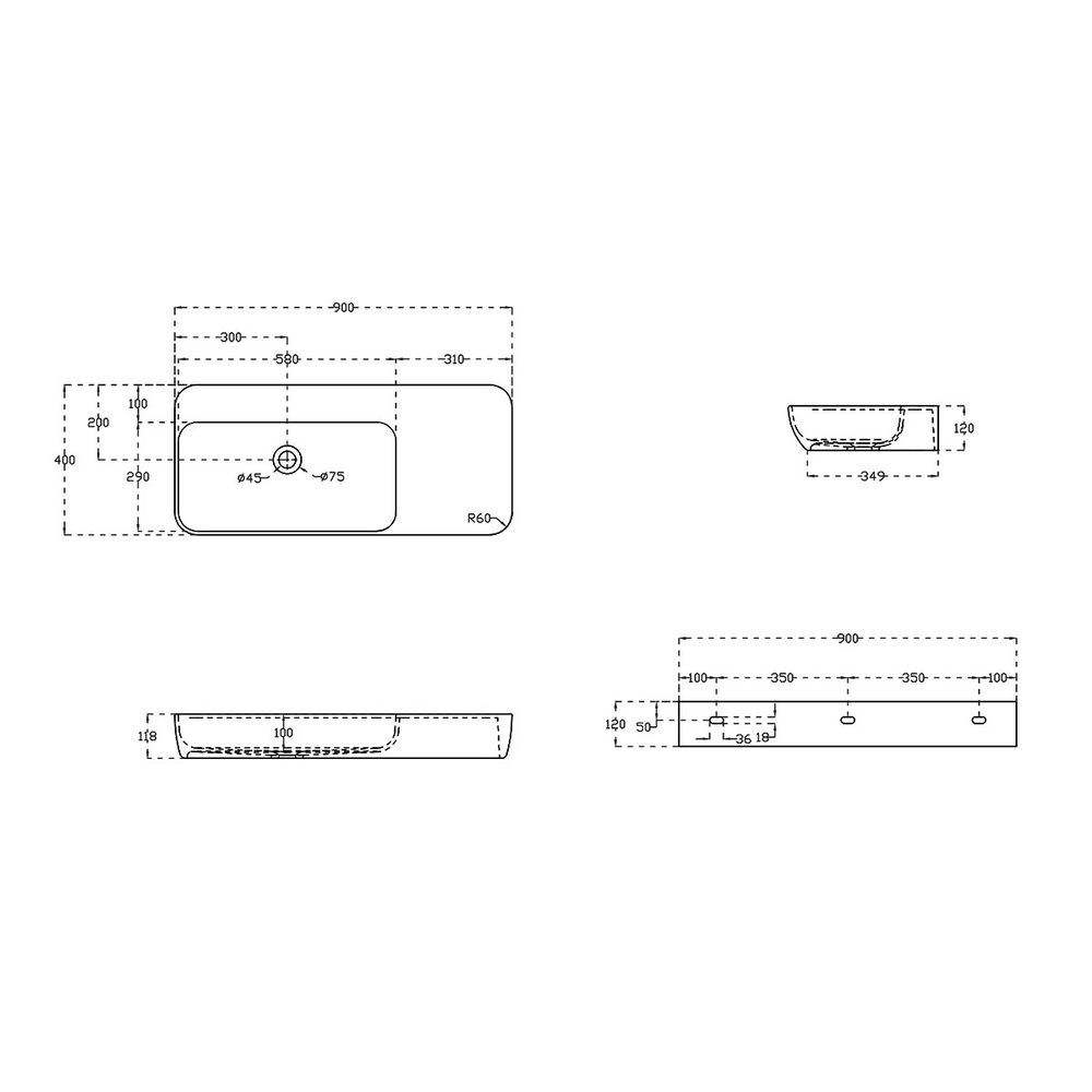 Раковина из искусственного камня Vincea VWB-6S590MW, 900*400*120, подвесная, цвет белый матовый