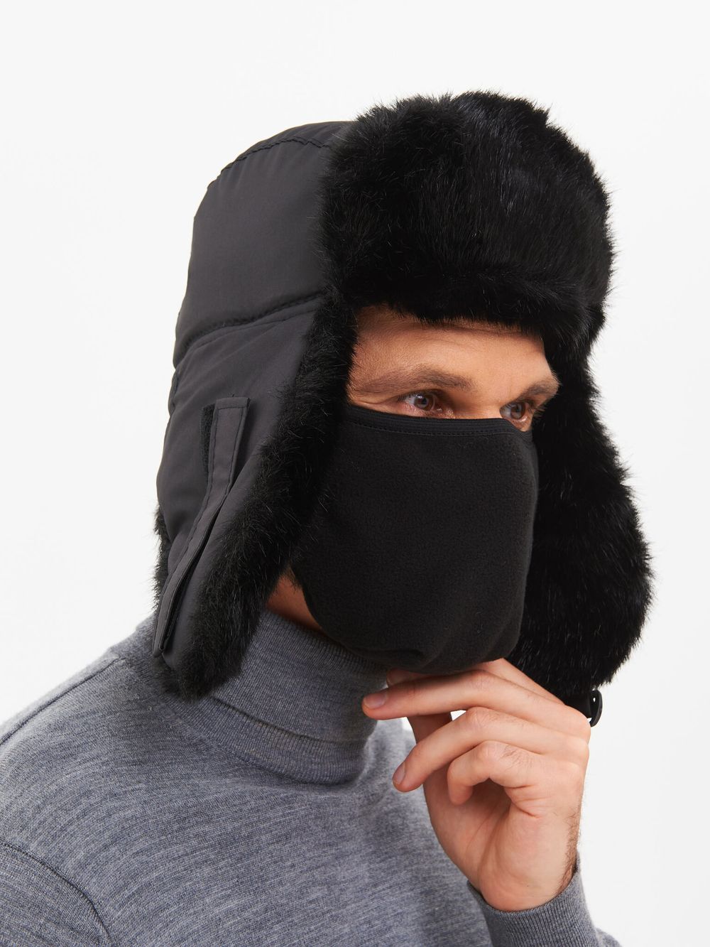 Шапка ушанка с маской Евро Норка ткань Taslan цвет Чёрный