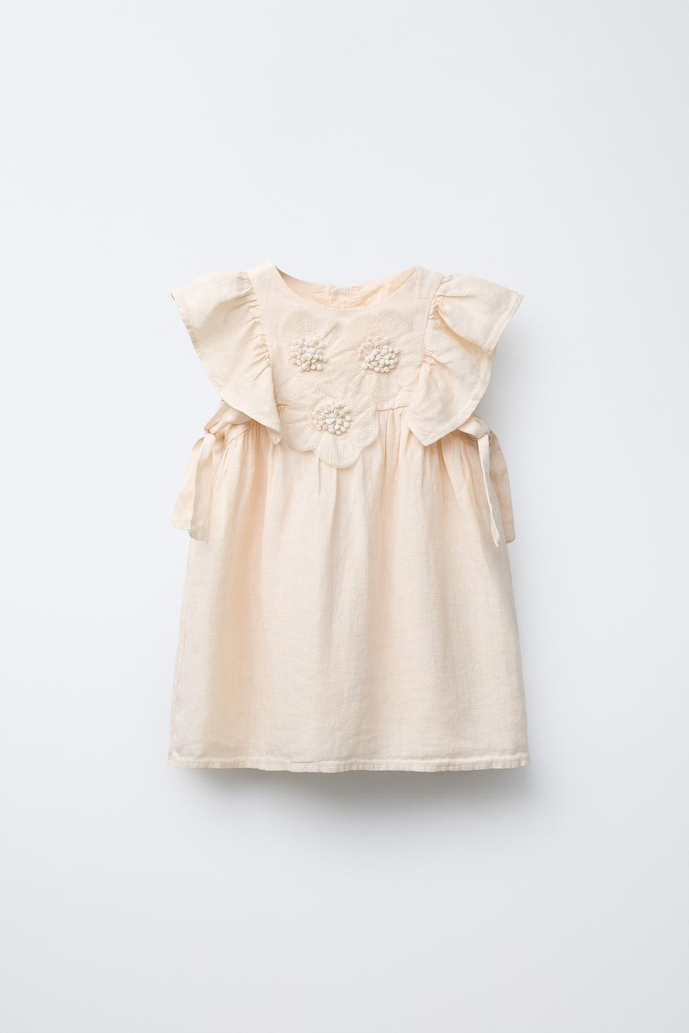 ZARA ЛЬНЯНОЕ ПЛАТЬЕ С ЦВЕТОЧНОЙ ДЕТАЛЬЮ, ЭКРЮ