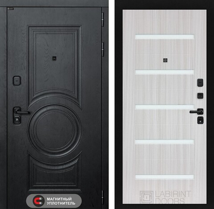 Входная металлическая дверь Лабиринт GRAND (Гранд) Альберо блэк / 01 Сандал белый, стекло белое