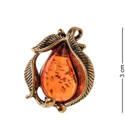 AM-2568 Брошь «Винтажный листик» (латунь, янтарь)