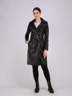 Тренч длинный кожаный с поясом плащ на весну