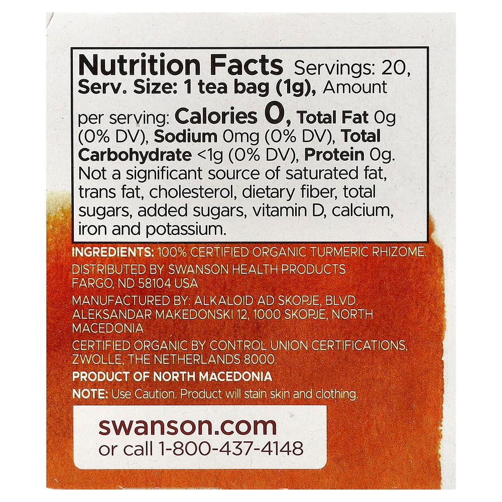 Swanson Vitamins, 100% органический чай с куркумой, без кофеина, 20 чайных пакетиков, 20 г (0,7 унции)