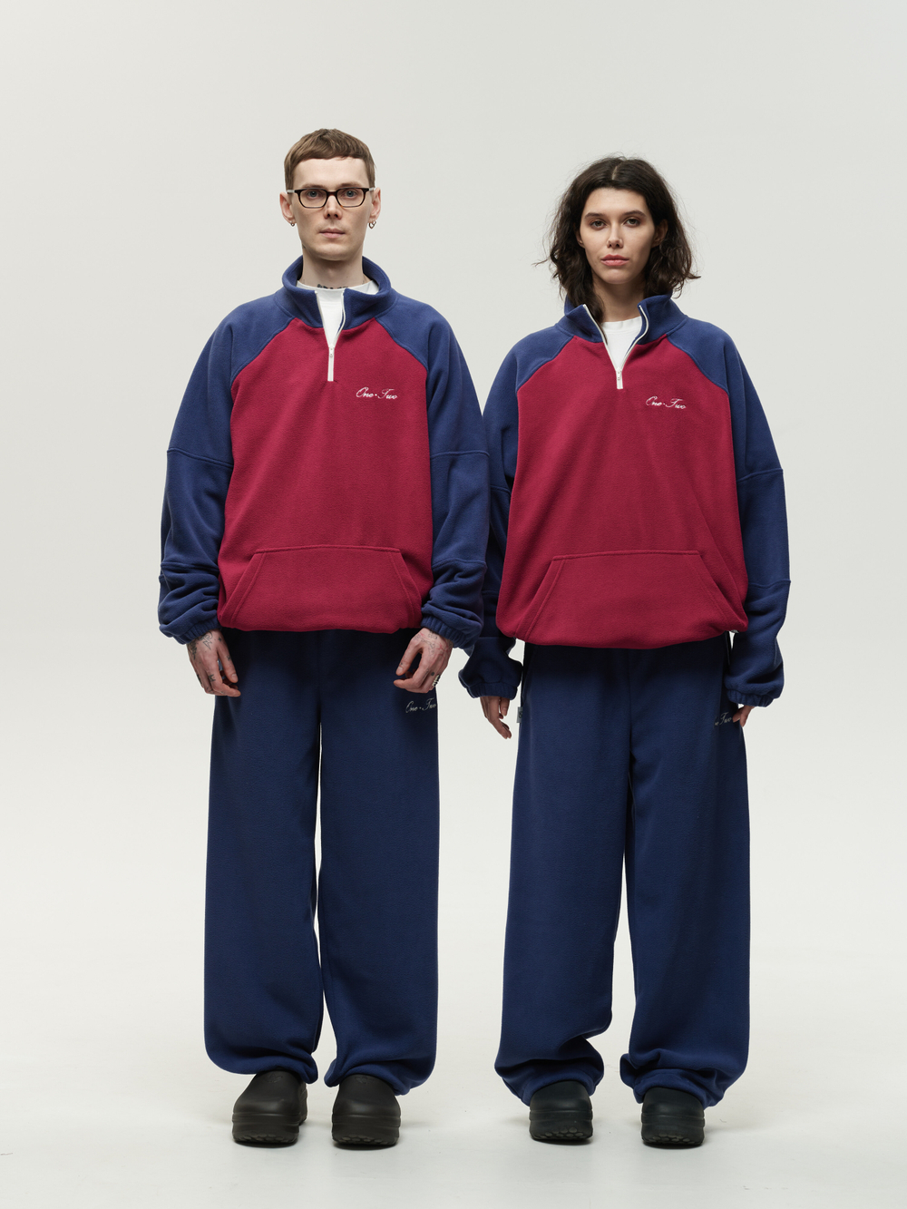 Drawstring Half-Zipped Sweatshirt Raspberry-Navy Smoke