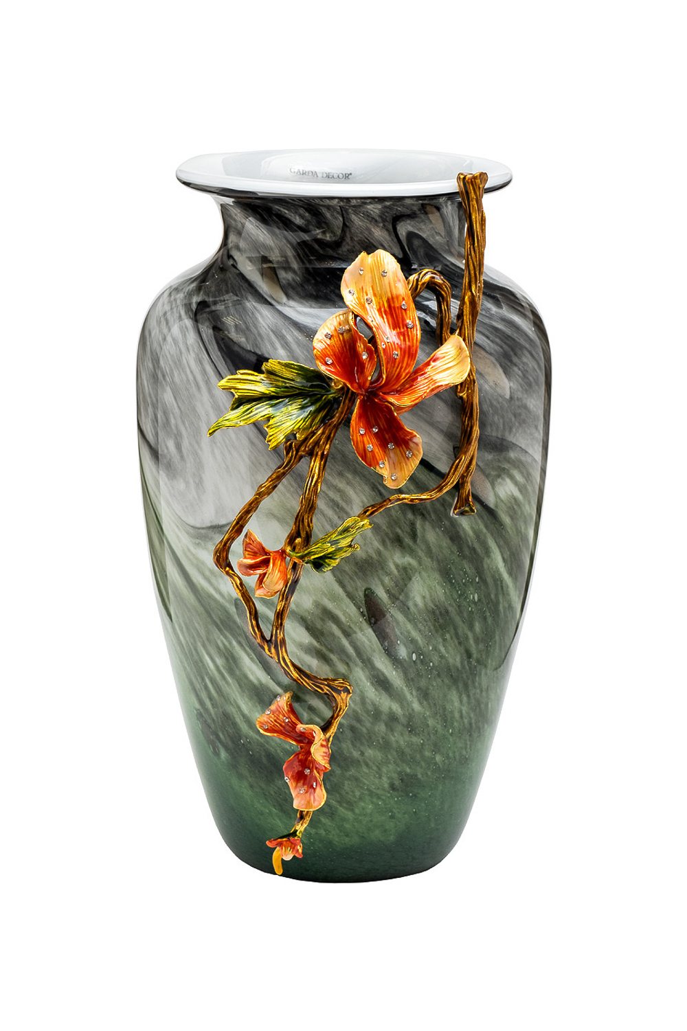 Ваза стеклянная 28x22x41см Garda Decor зеленая с цветком и стразами