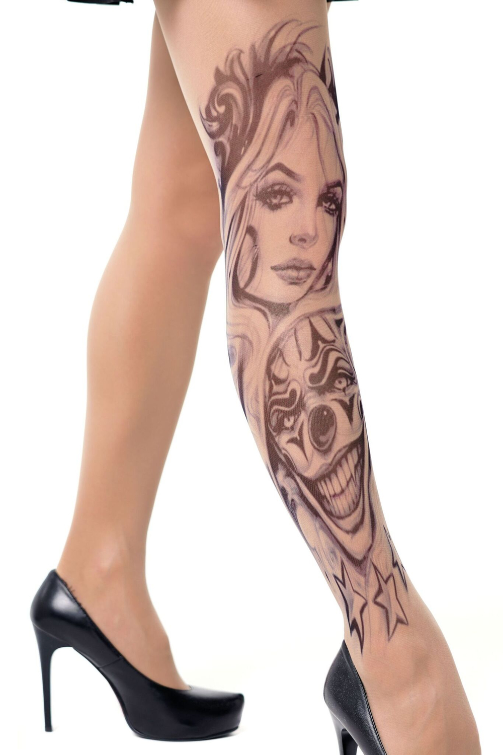 Колготки +size с принтом в виде девушки и злого клоуна (Размер: XL-XXL-XXXL) (Цвет: бежевый)