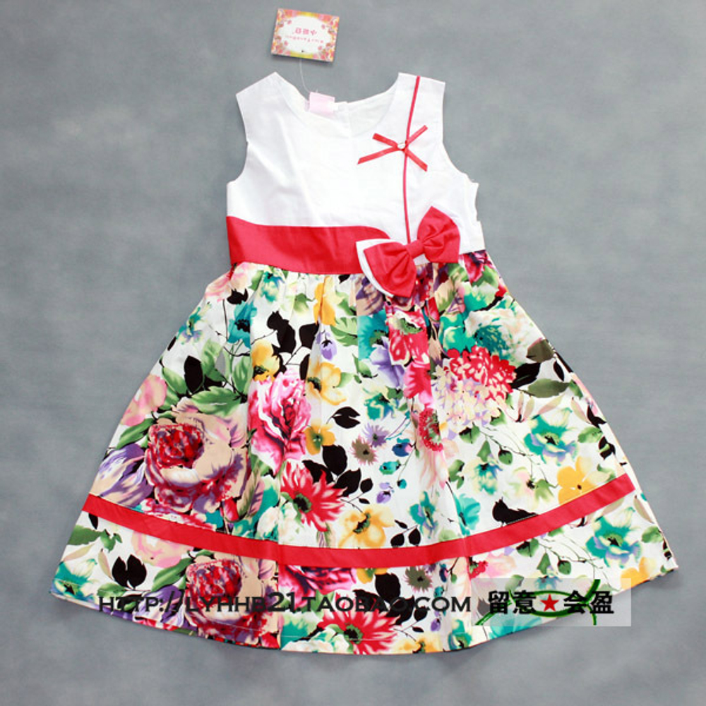 Платье детское с двойным бантом и принтами цветов