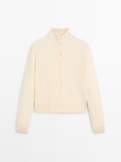 Massimo Dutti Кардиган с воротником-стойкой из 100% шерсти, натуральный, кремовый