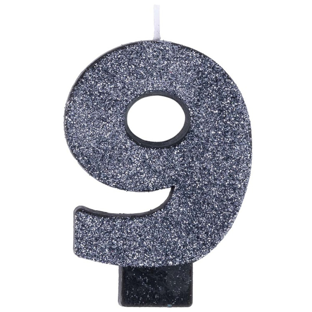 Свечи-цифры на торт в черном цвете с глиттером 8 см