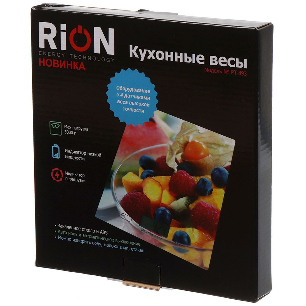 Весы кухонные электронные, стекло, Rion, Фрукты и ягоды, до 5 кг, LCD-дисплей, PT-893