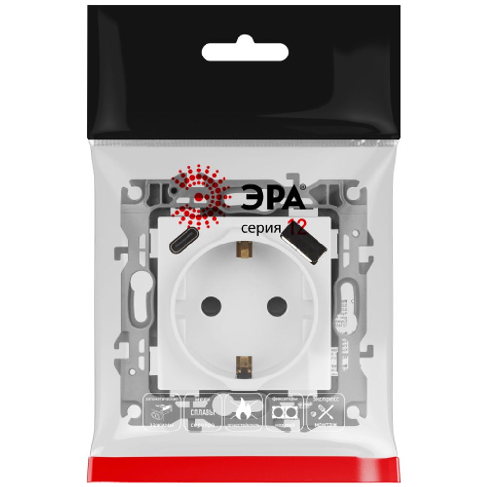 Розетка ЭРА Серия 12 12-4108-01 2P+E 16A-250В со шторками с USB type-A+C 5В-3А белый