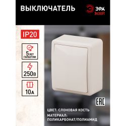 11-1201-02 ЭРА Выключатель, 10АХ-250В, IP20, ОУ, Эра Эксперт, сл.кость