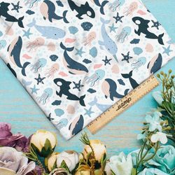 Ткань сатин киты и косатки