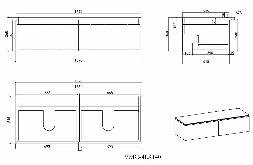 Тумба с раковиной Vincea Luxe 140 VMC-4LX140WN/VWTB-4LX140QBG натуральный орех