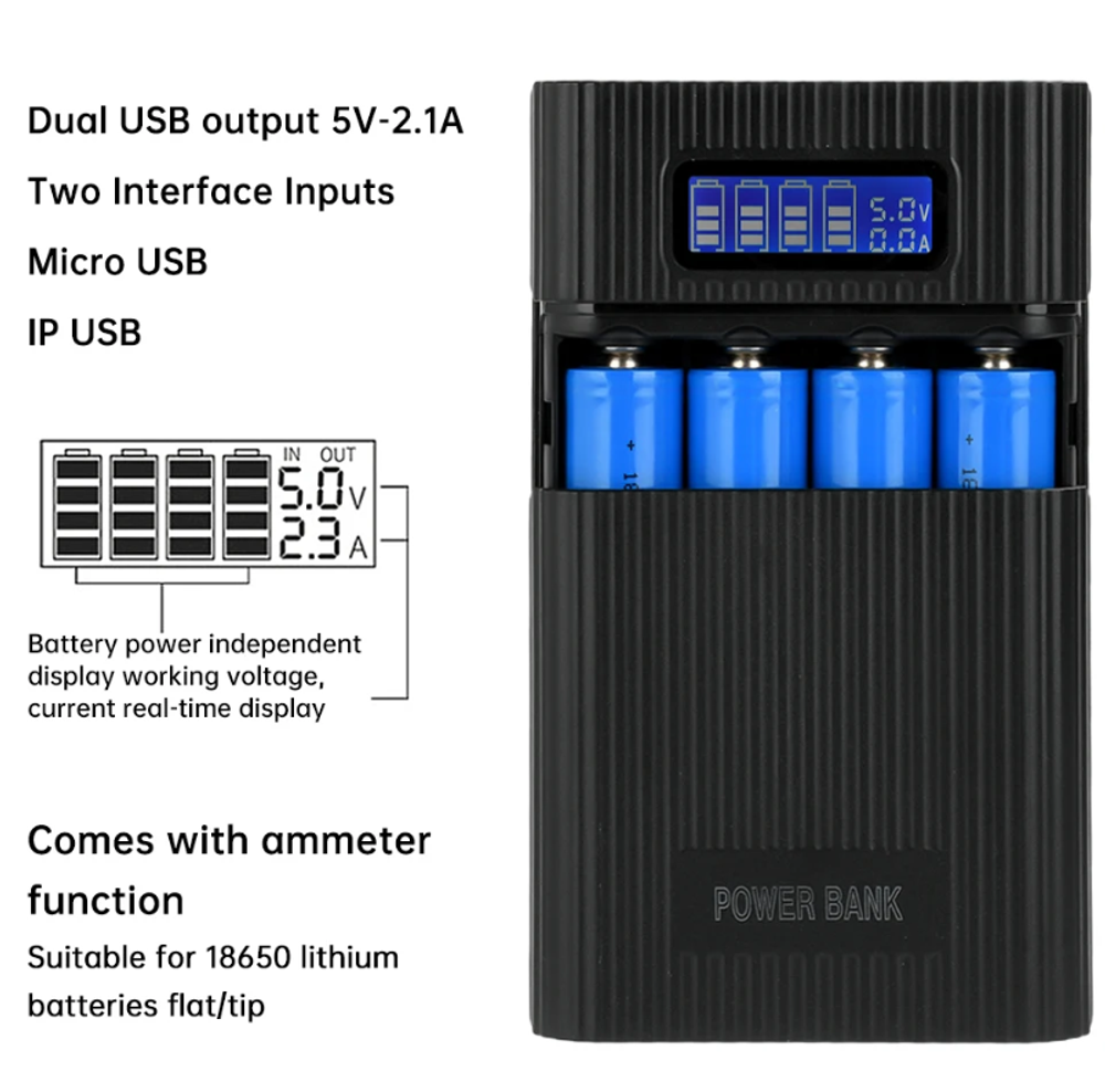 Power Bank, 2 USB, 4x18650 DIY ЖК-дисплей, фонарь (без аккумуляторов)