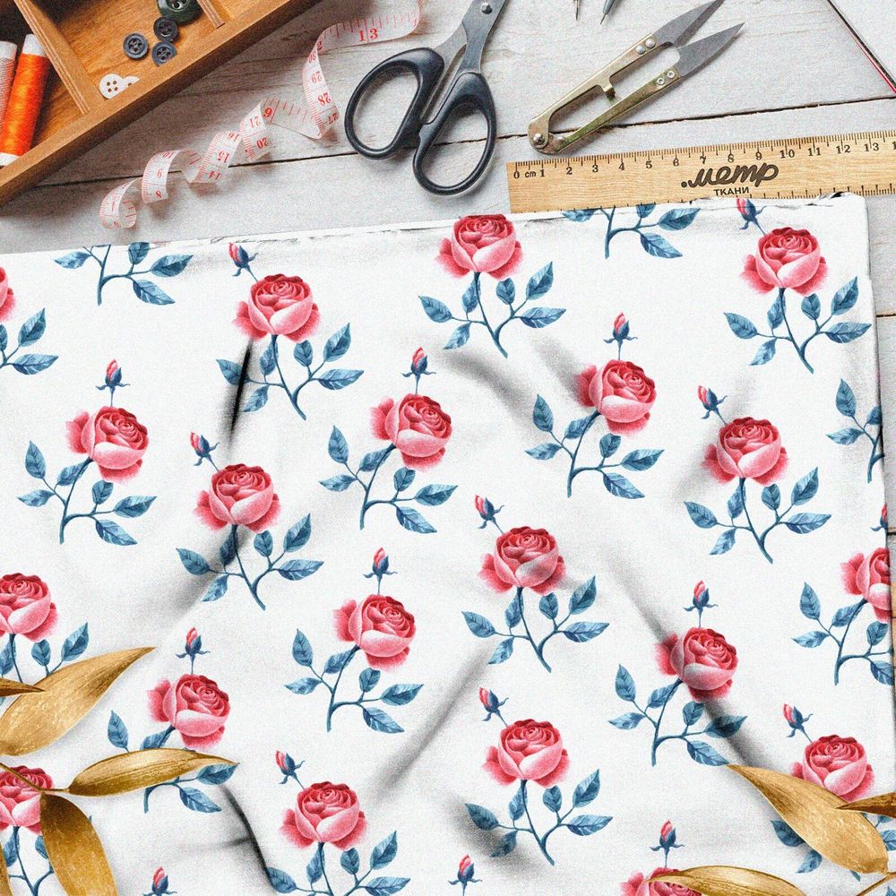 Ткань сатин минималистичные соцветия на белом