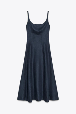 ZARA ЛЬНЯНОЕ ПЛАТЬЕ МИДИ С КОНТРАСТНОЙ ОТДЕЛКОЙ, МОРСКОЙ СИНИЙ