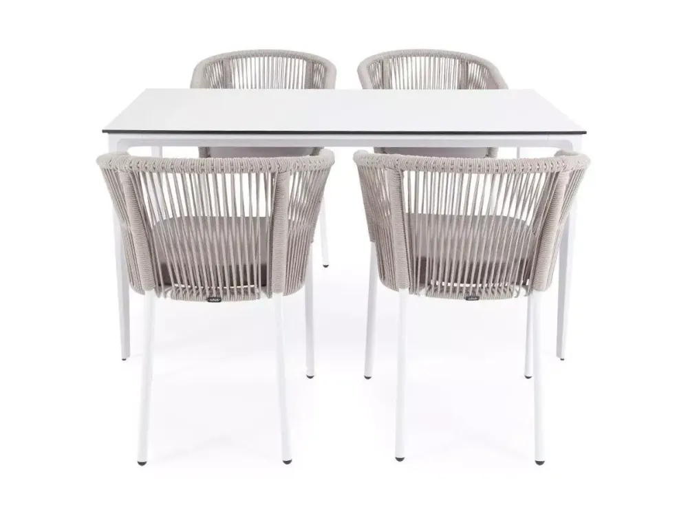 "Малага" обеденная группа на 4 персоны со стульями "Марсель", каркас белый, роуп бежевый
