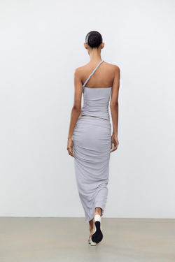 ZARA АСИММЕТРИЧНЫЙ ТОП С ГОРЛОВИНОЙ ХАЛТЕР, СЕРО-СИНИЙ