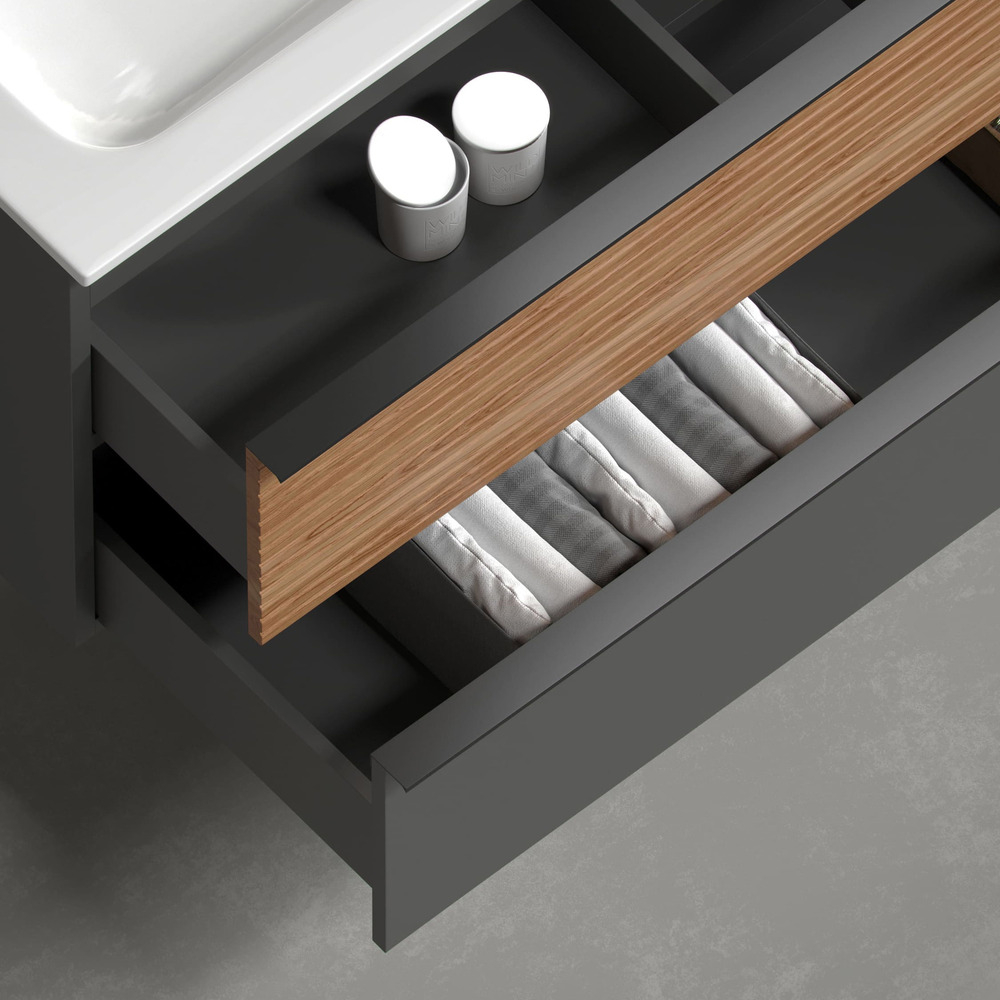 Тумба подвесная под раковину Sancos Delta, Дуб красный/графит 590х445х500